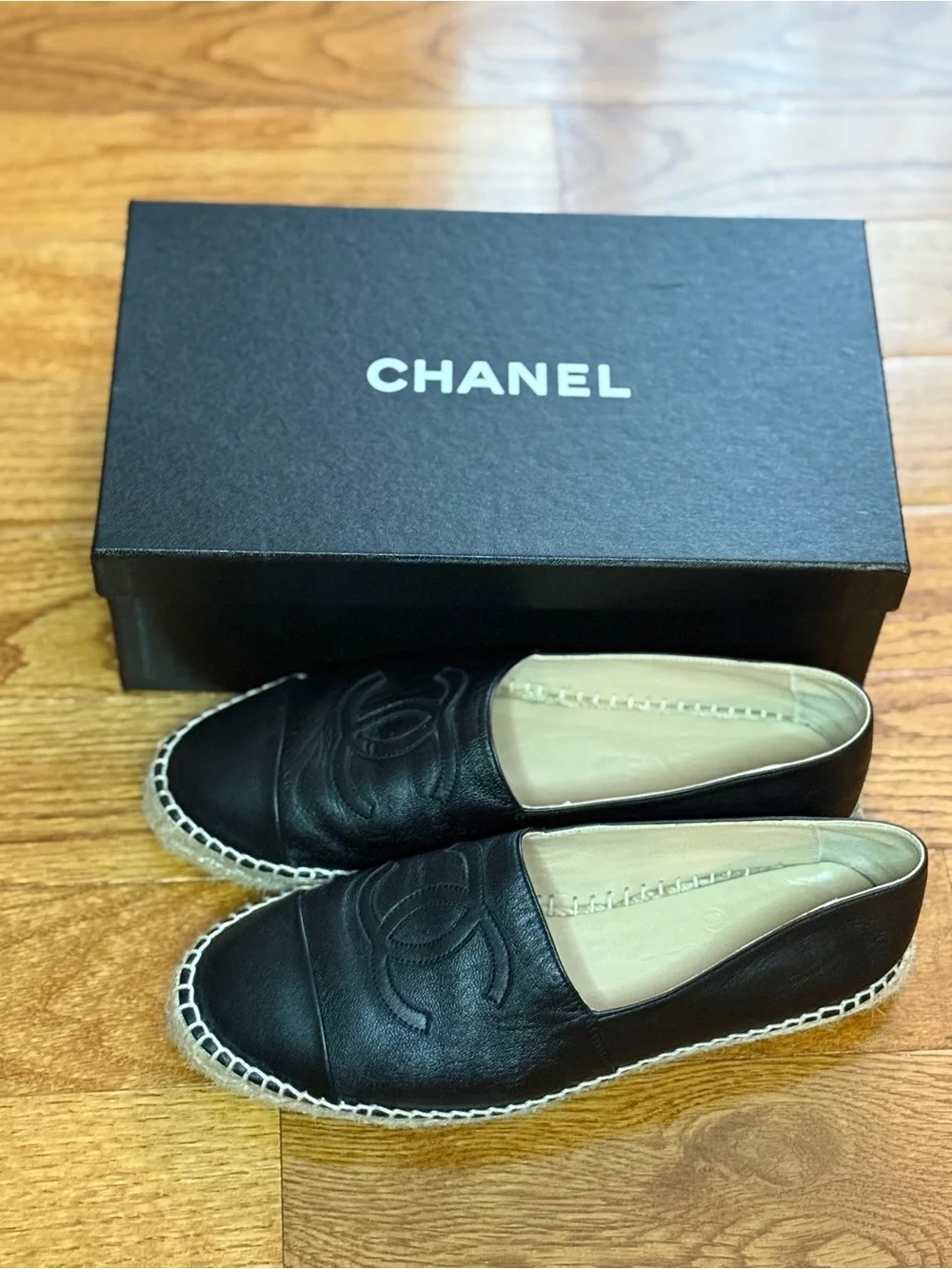 CHANEL Brown Leather Espadrille Flats with Woven Trim